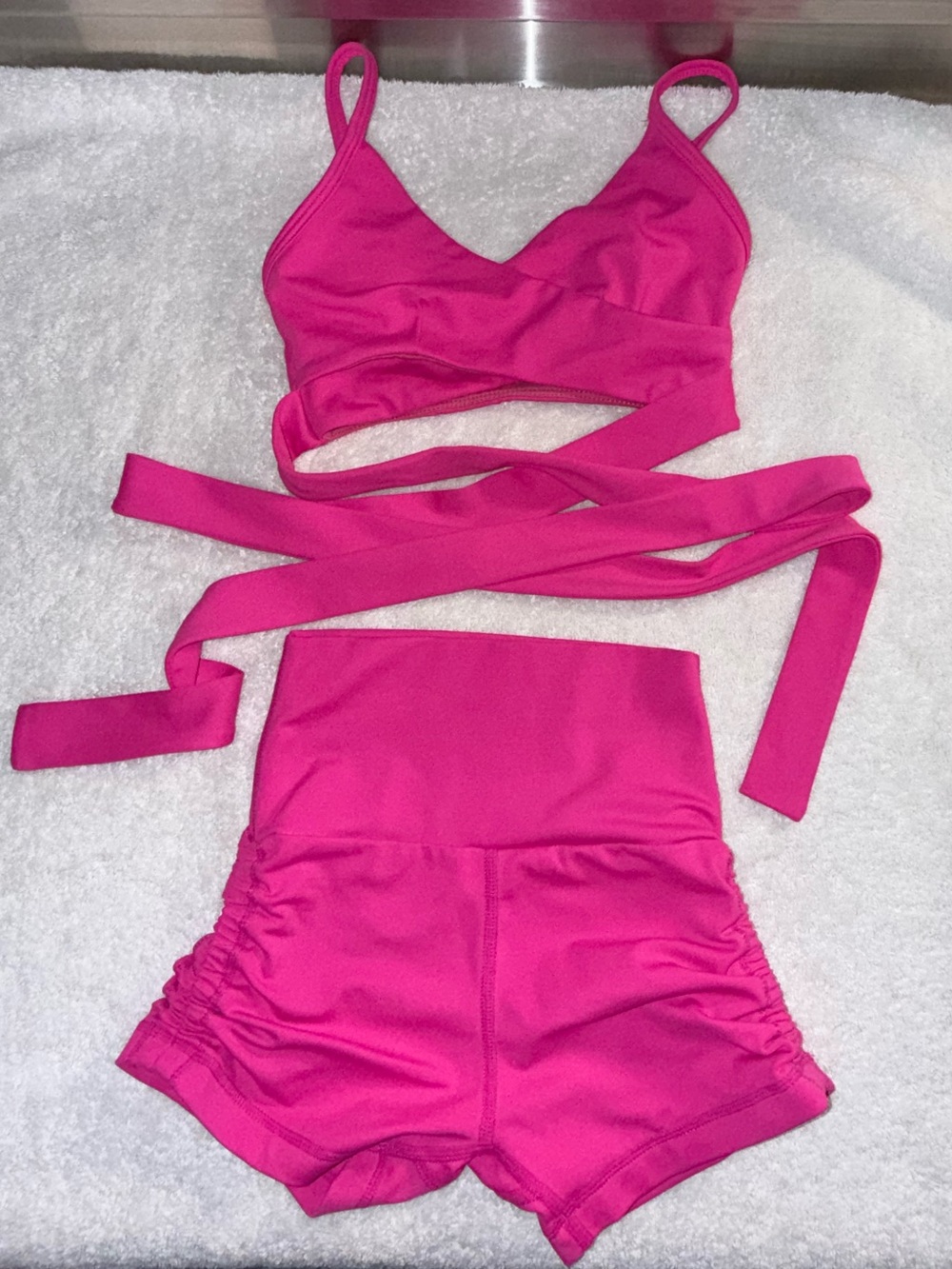 Girls 2 Piece Dance Outfit Size Youth Medium by Werk. Hot Pink Wrap set
